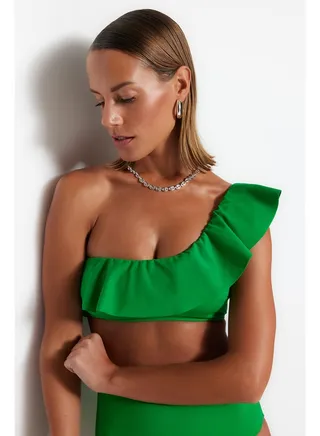 Green One Shoulder Ruffle Bikini Top TBESS21BU0039 