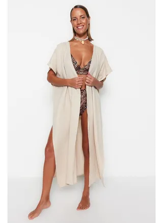 Beige Belted Maxi Woven Slit Muslin 100% Cotton Kimono&Kaftan TBESS23KM00019 