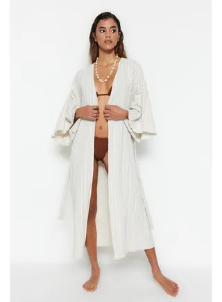 Ecru Belted Maxi Woven Flounce Linen Blended Kimono & Kaftan TBESS23KM00028 
