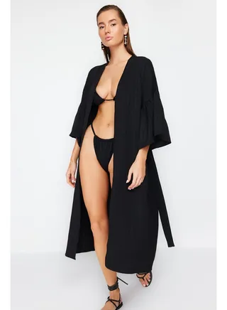 Black Belted Maxi Woven Flounce Linen Blend Kimono & Kaftan TBESS23KM00028 