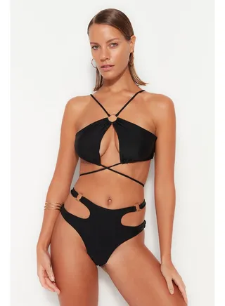 Black Halter Neck Accessory Bikini Top TBESS23BU00016 