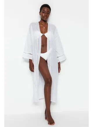 Ecru Belted Midi 100% Cotton Kimono & Kaftan with Woven Ribbon Accessories TBESS21KM0008 