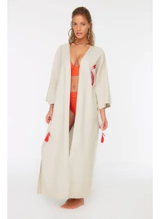 Coral Belted Maxi Woven Embroidered Linen Blended 100% Cotton Kimono & Kaftan TBESS20KM0051 