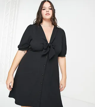 ASOS DESIGN Curve tie front button up mini dress in black