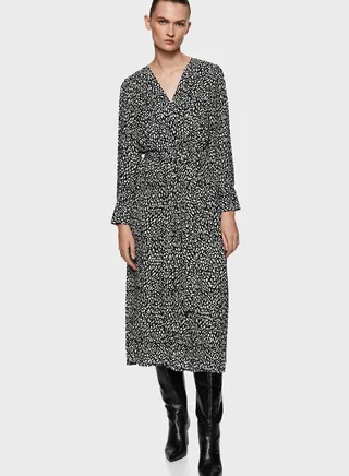 Printed V-Neck Pleated Dress 
