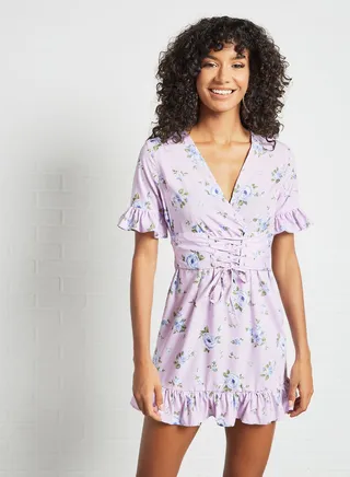 Ruffle Trim Mini Dress Purple 