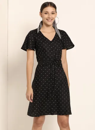 Printed V-Neck Skater Mini Dress Black 