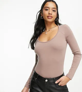 Miss Selfridge Petite scoop neck bodysuit in mocha