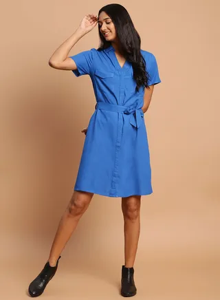 Casual Solid Pattern Mini Dress Blue 