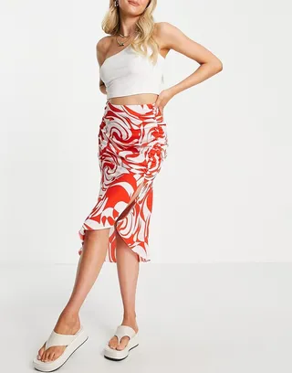 ASOS DESIGN button ruched skater midi skirt in swirl print