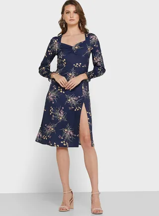 Sweetheart Neck Side Slit Printed Dress 