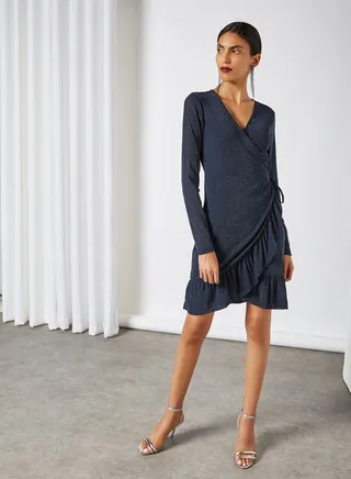 Frill Wrap V-Neck Mini Dress Night Sky With Silver Lurex 
