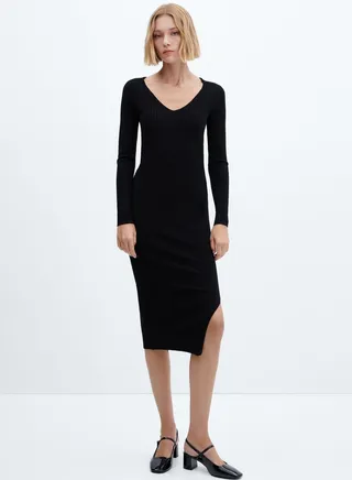 V-Neck Slit Hem Dress 