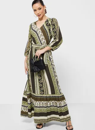 Printed V-Neck Ruffle Hem Dress 