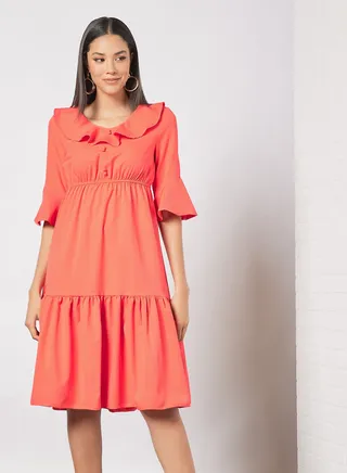 Casual Polyester Blend Bell Short Sleeve Knee Length Dress With Ruffled Round Neck 51 Red 