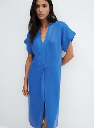 Plunge Neck Front Slit Dress 