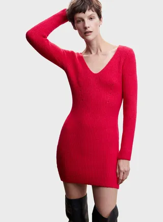 Ribbed V-Neck Dress 