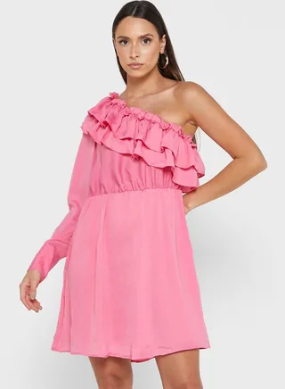 One Shoulder Ruffle Detail Dress 