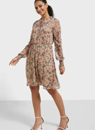 Printed Tiered Ruffle Neck Dress 