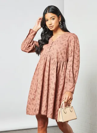 V-Neck Broderie Dress Brown 