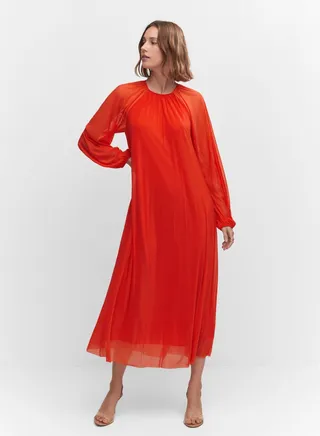 Puff Sleeve Mesh Detail Dress 