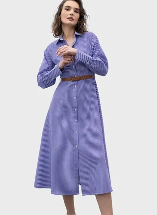 Stripped Button Down Belted Dress