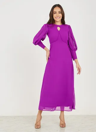 Solid Keyhole Neck A-Line Maxi Dress 
