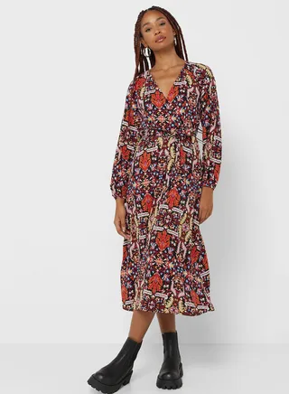 Surplice Neck Printed Wrap Dress 