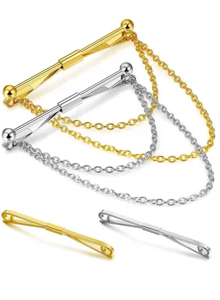 Tie Bar Pin Set Men's Classic Shirt Tie Clips Silver and Gold Tone Tie Clips - 4 Pcs with Chain Fringe Tie Pins Tie Chains for Men's Tuxedo for Wedding Anniversary Business and Everyday Use 
