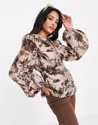 ASOS DESIGN button loop plunge shirt with open back in tonal floral print