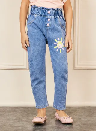 Graphic Print Paperbag Waist Button Front Jeans 