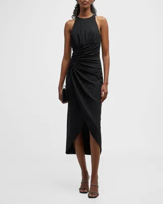 Ruched High-Low Shimmer Halter Dress