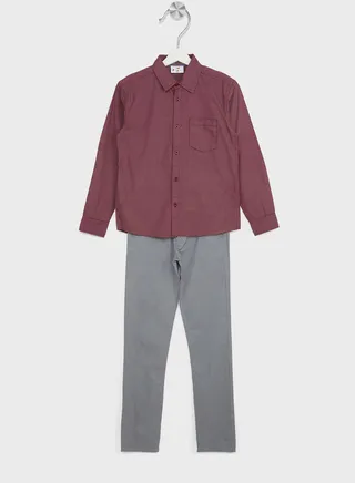 Boys Granded Collar Printed Shirt And Pant Set 