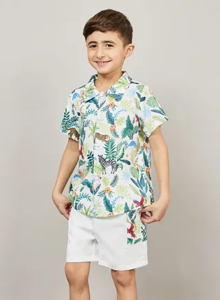 All Over Cartoon Print Shirt with Short Sleeves & Shorts Set 