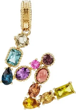 Rainbow alphabet W 18 kt yellow gold charm with multicolor fine gems