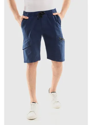 Knee Pockets Waist Drawstring Navy Blue Shorts 