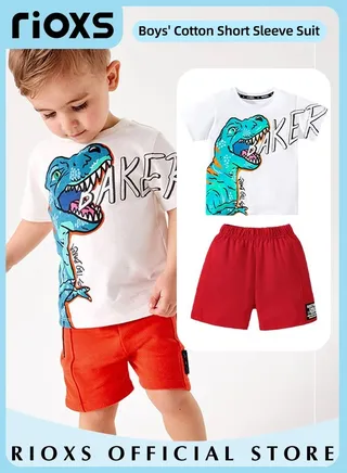 Toddler Baby Boys Top and Short Sets Kids Short Sleeve Dinosaur Shirt Short Pants Suits Breathable 100% Cotton Outfits Summer Playwear 