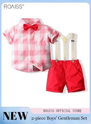 2-piece Boys' Gentleman Set Checkered Short Sleeved Shirt and Strap Shorts (With a Small Bow Tie As a Gift) 