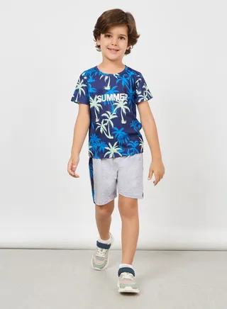 Tropical Print T-Shirt & Side Seam Shorts Set 