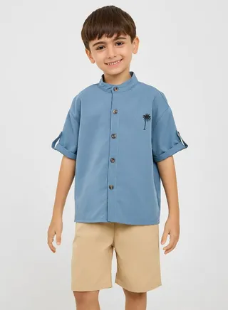 Coconut Tree Print Roll Up Sleeve Shirt & Solid Short Set 