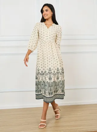 Notch Neck Printed Midi Dress with Elasticated Waist 