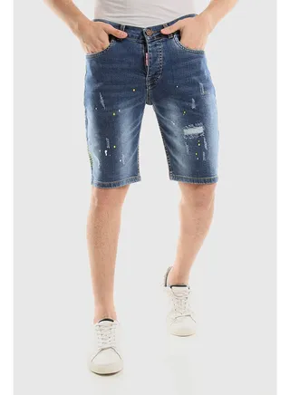 Splatter Pattern Ripped Medium Washed Jeans Shorts 
