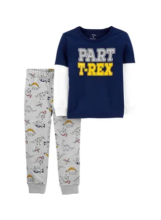 2-Piece Part T-Rex Printed Tee And Dino Jogger Set Blue/Grey/Yellow 