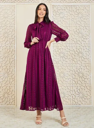 Dobby Textured Tie Up Neck A-Line Maxi Dress 