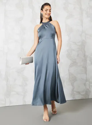 Halter Neck Satin A-Line Maxi Dress 