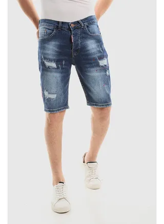 Red Ripped Framing Stitched Dark Washed Jeans Shorts 