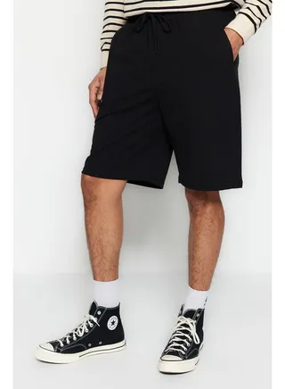Basic Men's Black Oversize/Wide Cut Rubber Waisted Lace Up Shorts 