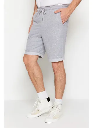 Gray Men's Regular/Normal Cut Medium Length Rubber Waisted Lace-up Double Leg Shorts 