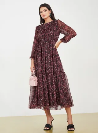 Ruffled Detail Floral A-Line Midi Dress 