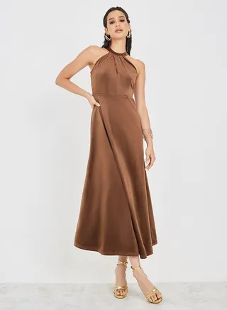 Velvet Halter Neck A-Line Maxi Dress